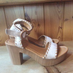Madeline Girl Bruh in Champagne Heeled Boho Platform Ankle Strap Sandals Size 8